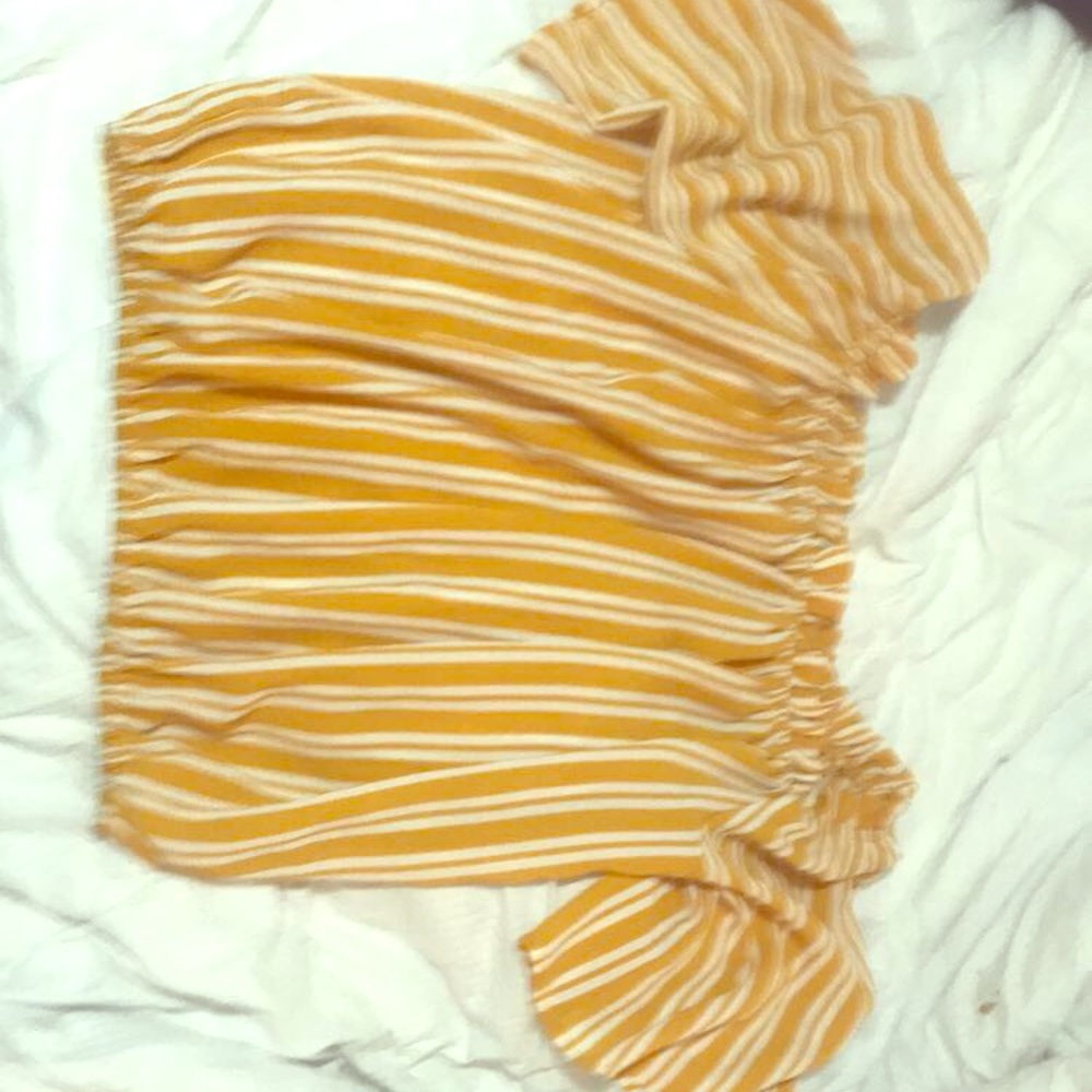 Orange and white striped off the shoulder blouse